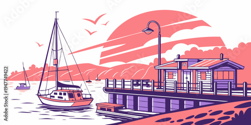 A purple and orange illustration of a dock with a sailboat Vector