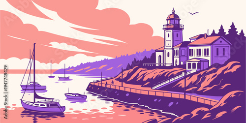 A pixel art lighthouse on a rocky coastline by the sea Vector