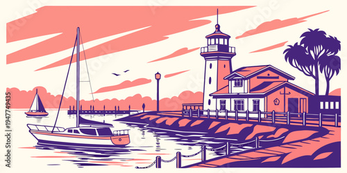 A lighthouse on a rocky coastline near a small building Vector