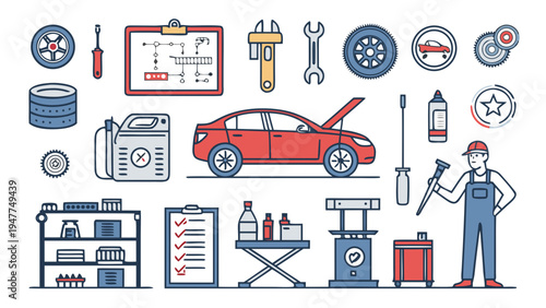 Comprehensive Car Repair and Auto Service Concept with Mechanic and Essential Workshop Tools Collection