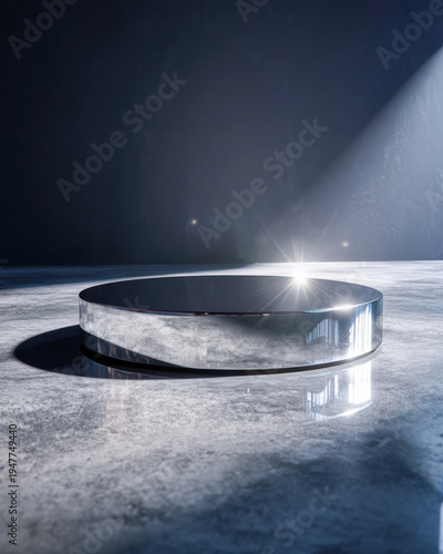 Circular chrome disc pedestal on mirrored floor with dark gradient wall in luxury scene design