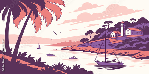 A serene tropical landscape at sunset with a sailboat Vector