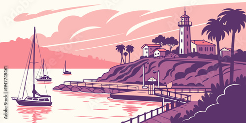 A serene coastal scene with a lighthouse and a sailboat Vector