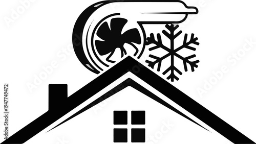 Stylized house roof with HVAC fan and snowflake icon
