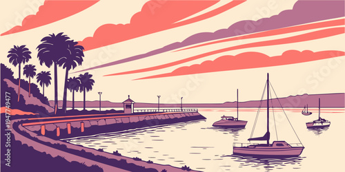 A serene lake scene with boats and trees Vector