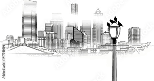 Sketchy cityscape with birds perched on a lamppost