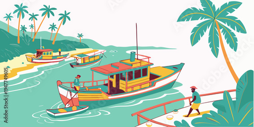 A colorful boat floating on a tropical river Vector