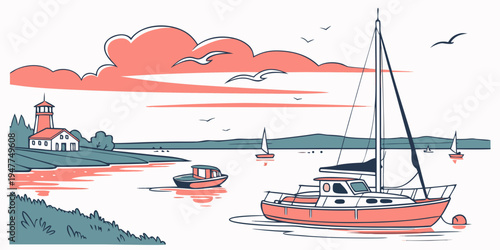 A sailboat floats on the water near a lighthouse Vector