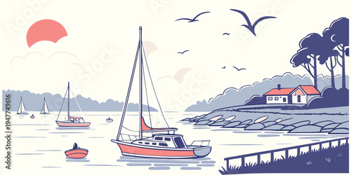 A serene harbor scene with sailboats and a dock Vector