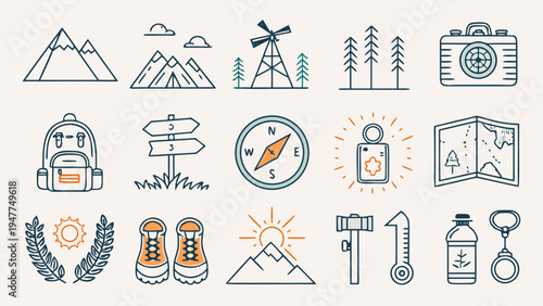Set of vector line art icons for outdoor adventure and travel. Features mountains, backpack, compass, camera, map, and hiking boots for modern graphic design