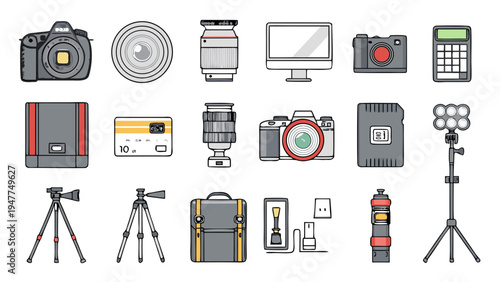 A comprehensive collection of essential photography gear, including various cameras, lenses, tripods, lighting equipment, and accessories, presented as detailed illustrations