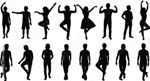People dancing silhouette collection set, men and women dynamic pose bundle, cad drawing flat vector illustration isolated on white background