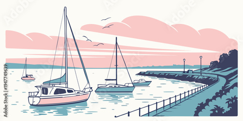 Boats are moored at a dock by the sea Vector