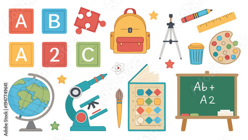 Colorful illustration of essential school supplies, educational tools, and learning objects for children's academic success and back to school concepts