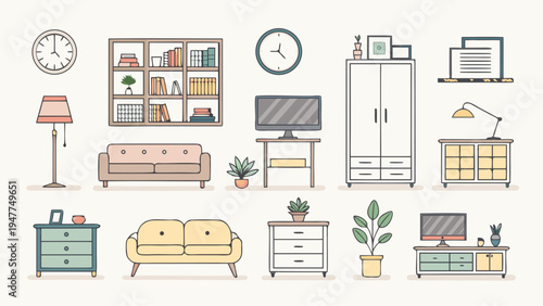 Contemporary Home Furniture and Decor Elements Vector Set