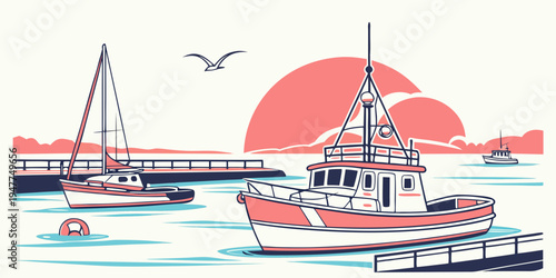 Boats are moored in the harbor at sunset Vector