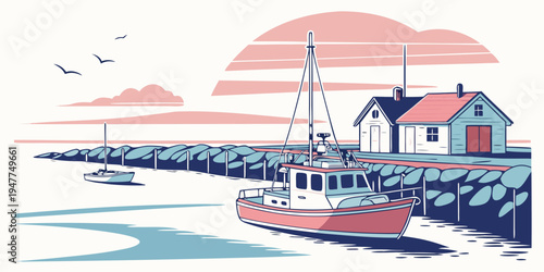 A red sailboat floats near a house by the water Vector