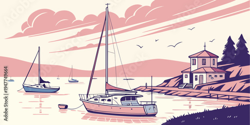 Boats sailing near a house on a rocky shore Vector