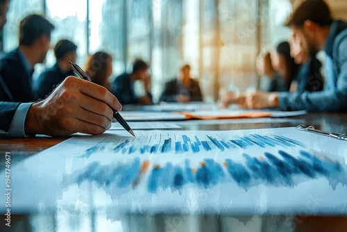 focused team gathered around a sunlit conference table as a hand with a pen points to blue bar charts and documents during a collaborative meeting