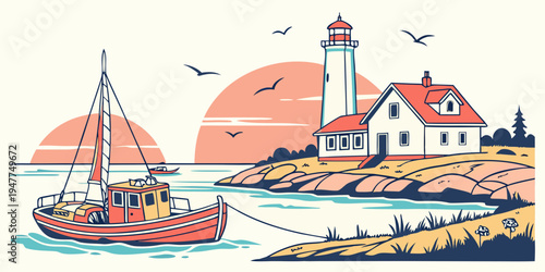 A red and white boat sailing near a lighthouse and a house Vector