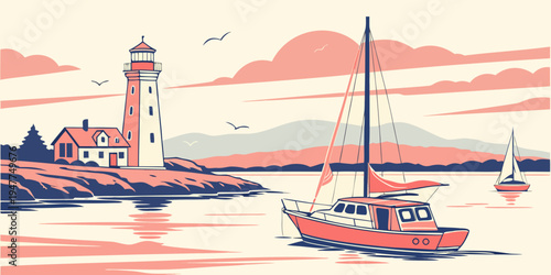 A red boat sailing near a lighthouse by the sea Vector