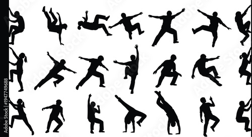 Parkour athletes silhouette collection, free running urban sport action poses, black flat vector illustration isolated on white background
