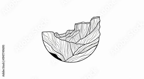 Stylized line drawing of a circular canyon landscape