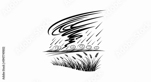 Stylized black and white illustration of a tornado over water and wheat