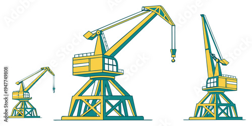 Three yellow and green cranes on a white background Vector