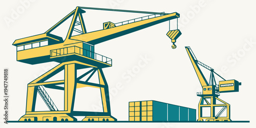 A large yellow and blue construction crane with a small crane Vector