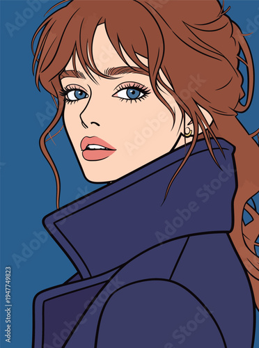 A woman with brown hair and blue eyes looks towards the viewer while wearing a coat. The background is solid blue.