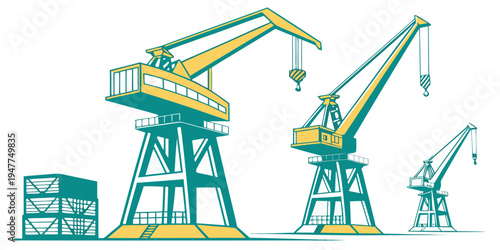 A group of cranes standing next to each other Vector