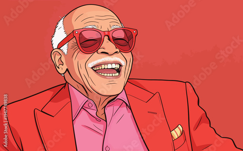An older man laughs while wearing red sunglasses and a red suit. He has white hair and a big smile showing his teeth.