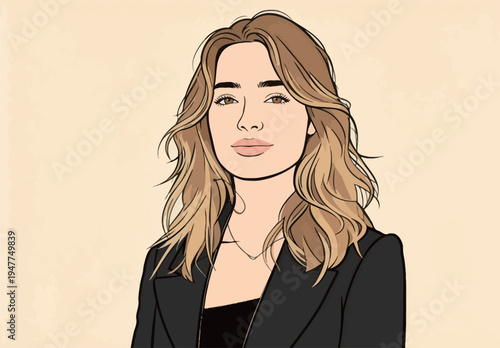 A woman with long hair is shown wearing a black jacket. She stands still with a neutral expression on her face.