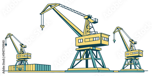 Three yellow and blue cranes on a dock Vector