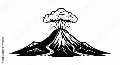 Stylized black and white illustration of a volcano erupting with smoke and lava flows