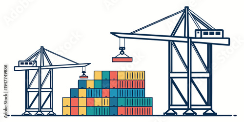 A crane lifting a container at a shipping yard Vector