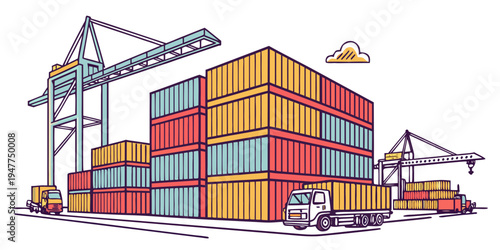 A stack of colorful shipping containers at a port Vector