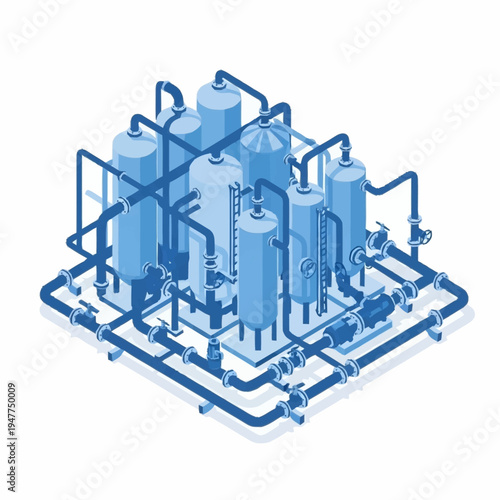 Isometric illustration of a complex industrial water treatment plant with multiple tanks and piping systems.