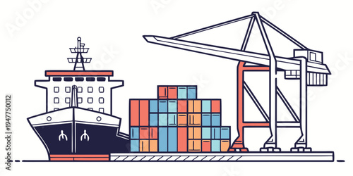 Cargo ship with containers at a port facility Vector