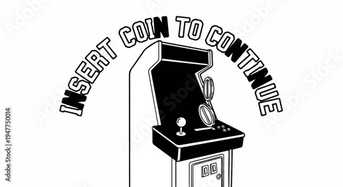 Stylized black and white illustration of an arcade cabinet with coins and text