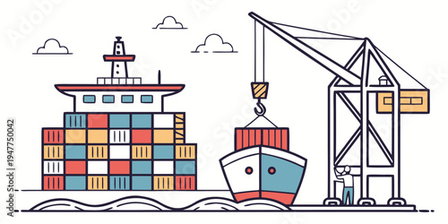 A cargo ship and crane loading containers at port Vector