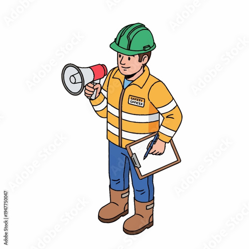 A construction worker in a hard hat and safety vest holds a megaphone and a clipboard, ready to give instructions or make announcements on a job site.