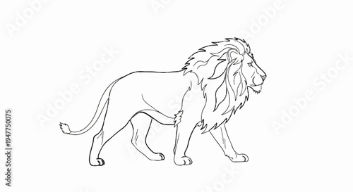 Stylized line drawing of a majestic lion walking with its mane flowing