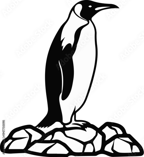 Stylized black and white illustration of an emperor penguin standing on rocks