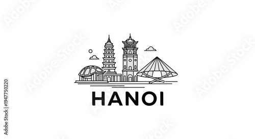 Stylized line drawing of Hanoi landmarks, including pagodas and a conical hat