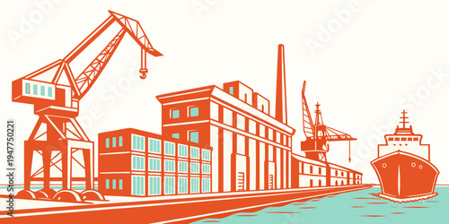 A large industrial port with cranes and buildings Vector