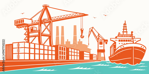 A cargo ship and cranes at a port facility Vector