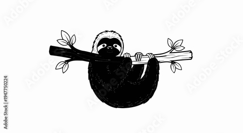 Stylized illustration of a black sloth hanging from a branch with leaves