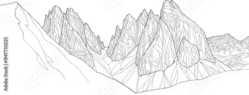 Stylized line drawing of jagged, mountainous peaks and slopes under a blank sky
